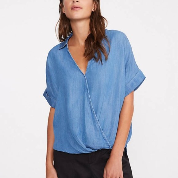 Lou & Grey Tops - Lou & Grey Chambray Wrap Shirt Top Blouse Blue M
